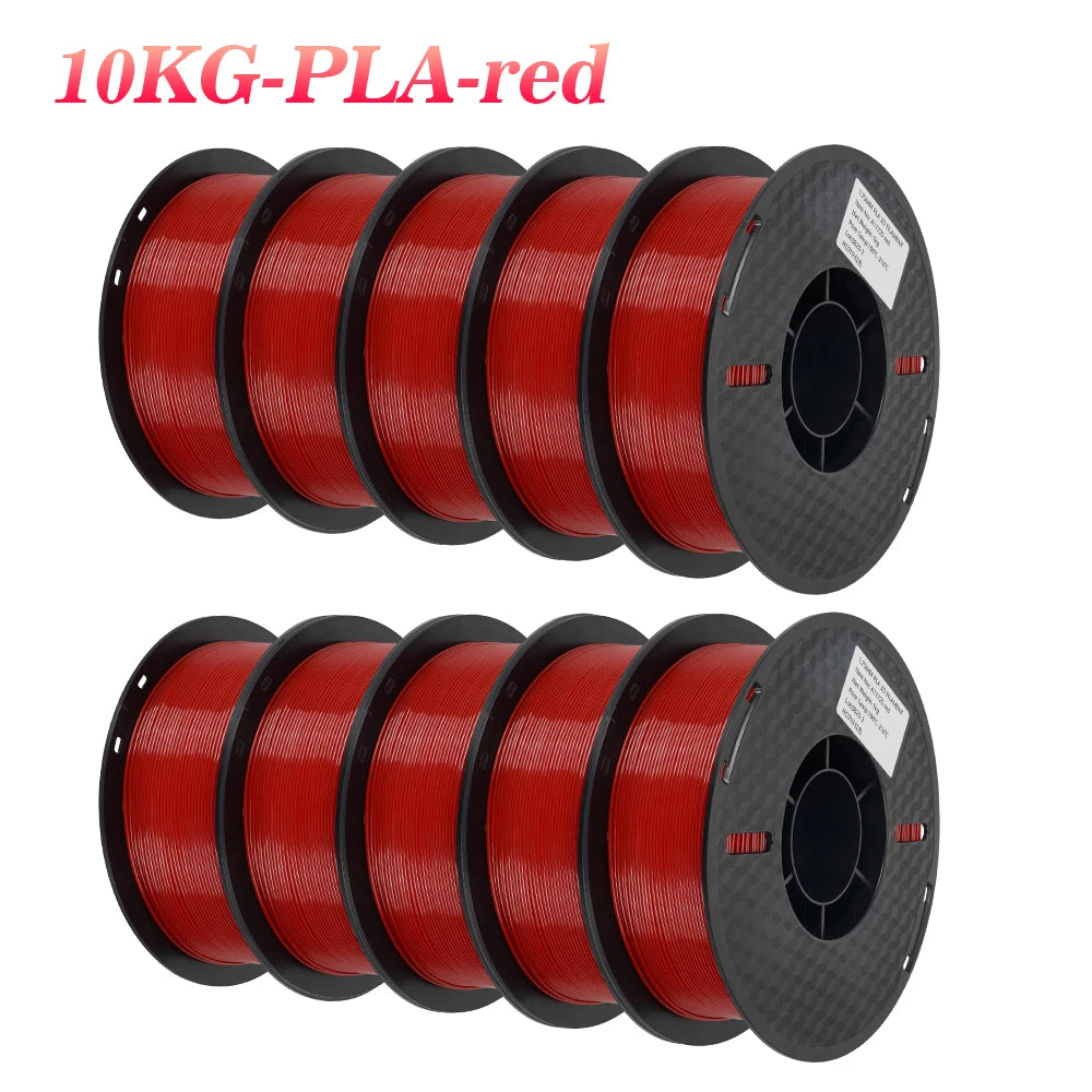 A bundle of ten red PLA filaments for 3D printing, labeled as 10KG-PLA-red.