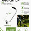 A silver auxiliary handle for lawn trimmers and brush cutters is shown with dimensions and usage context.