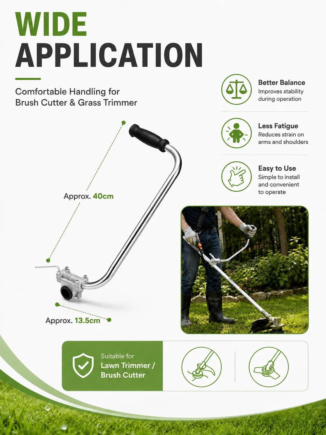 A silver auxiliary handle for lawn trimmers and brush cutters is shown with dimensions and usage context.