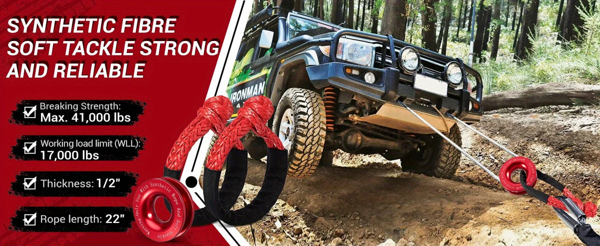 A synthetic fibre winch rope and soft tackle kit is shown next to a blue Jeep, demonstrating its strength and use.