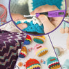 A close-up of hands using a digital crochet hook and row counter to stitch colorful yarn into a crocheted item.