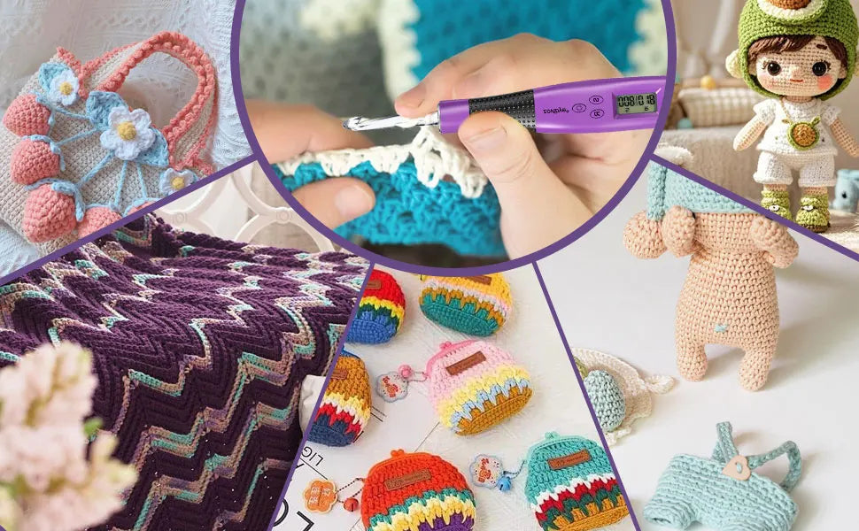 A close-up of hands using a digital crochet hook and row counter to stitch colorful yarn into a crocheted item.