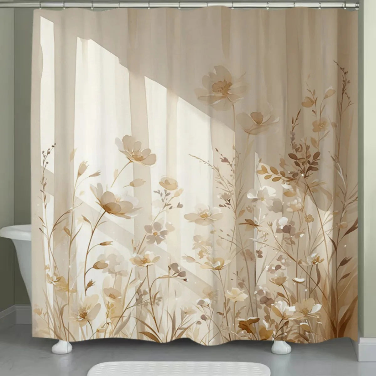 Beige floral waterproof shower curtain featuring a botanical design with soft earth tones.