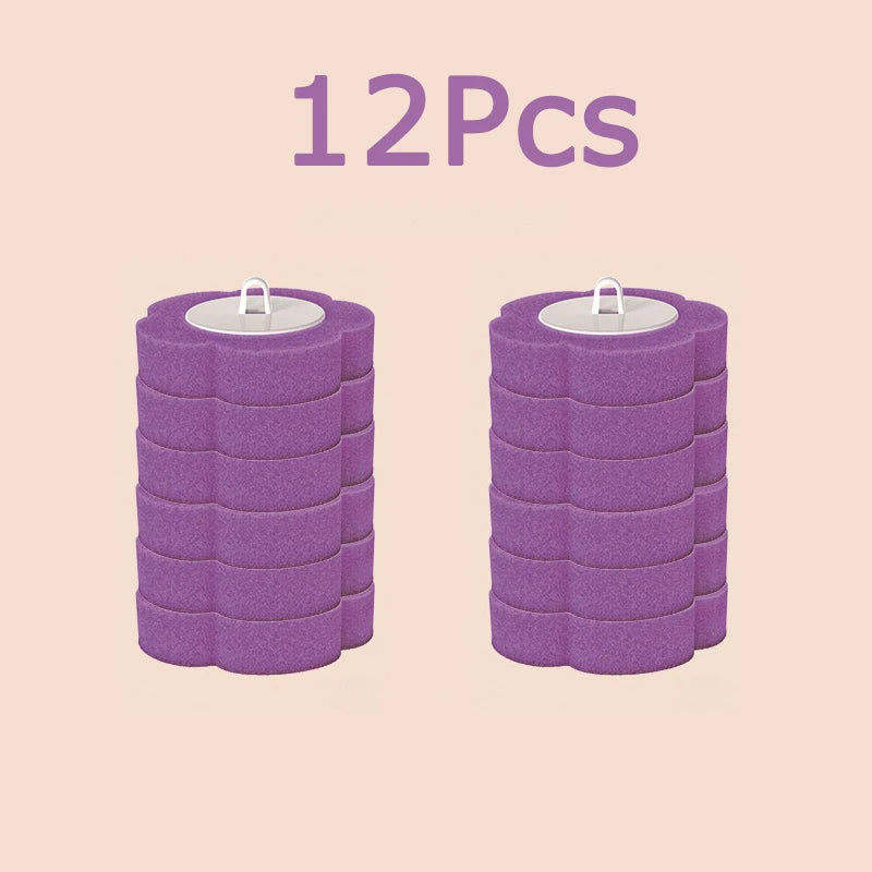 A set of twelve purple disposable toilet brushes and holders.