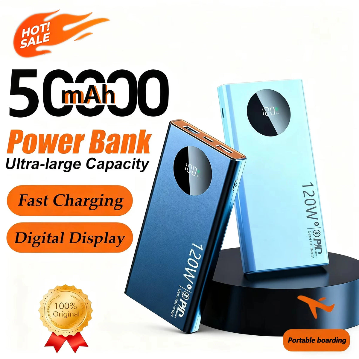 Blauer 50000mAh Powerbank mit digitaler Anzeige neben dem schwarzen Ladekabel und der Verpackung.