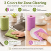 Two colors of reusable tear-away cleaning cloths, green for kitchen and purple for dining and home surfaces.