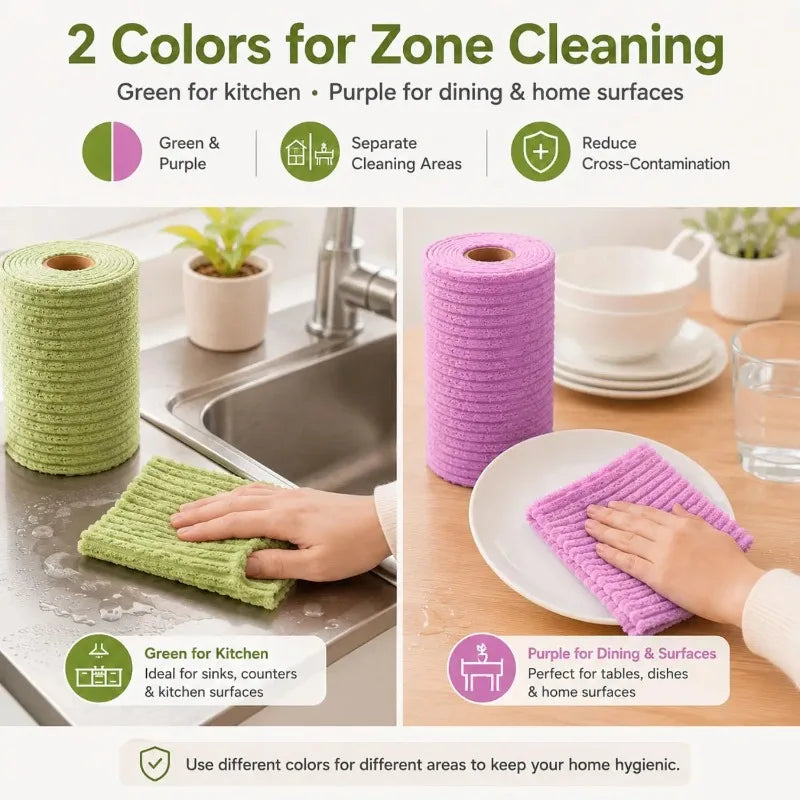 Two colors of reusable tear-away cleaning cloths, green for kitchen and purple for dining and home surfaces.