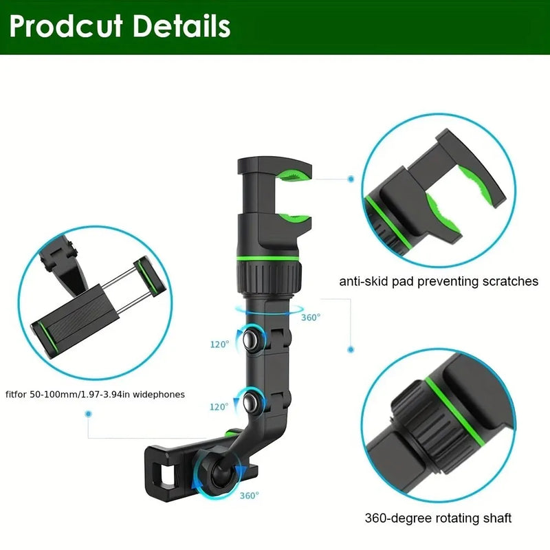 Rearview Mirror Phone Mount - 360° Rotatable & Retractable