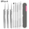 A set of five stainless steel tools for acne and blackhead removal, including tweezers and probes.