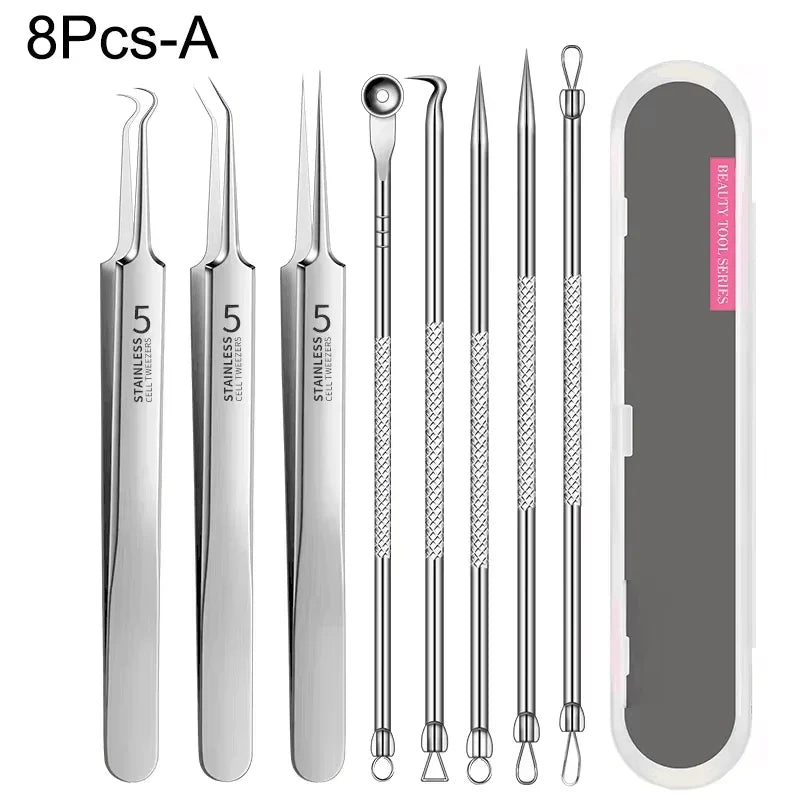 A set of five stainless steel tools for acne and blackhead removal, including tweezers and probes.