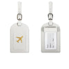 A light beige PU leather luggage tag with a rectangular design and a gold airplane emblem.