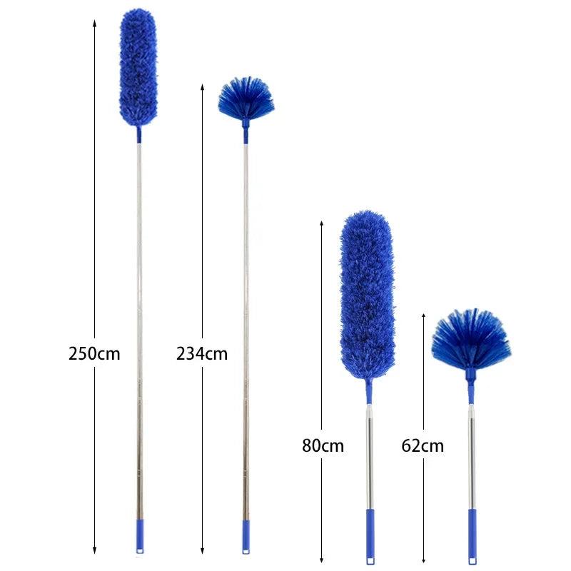 A collection of blue extendable ceiling fans and duster tools with various lengths shown vertically.