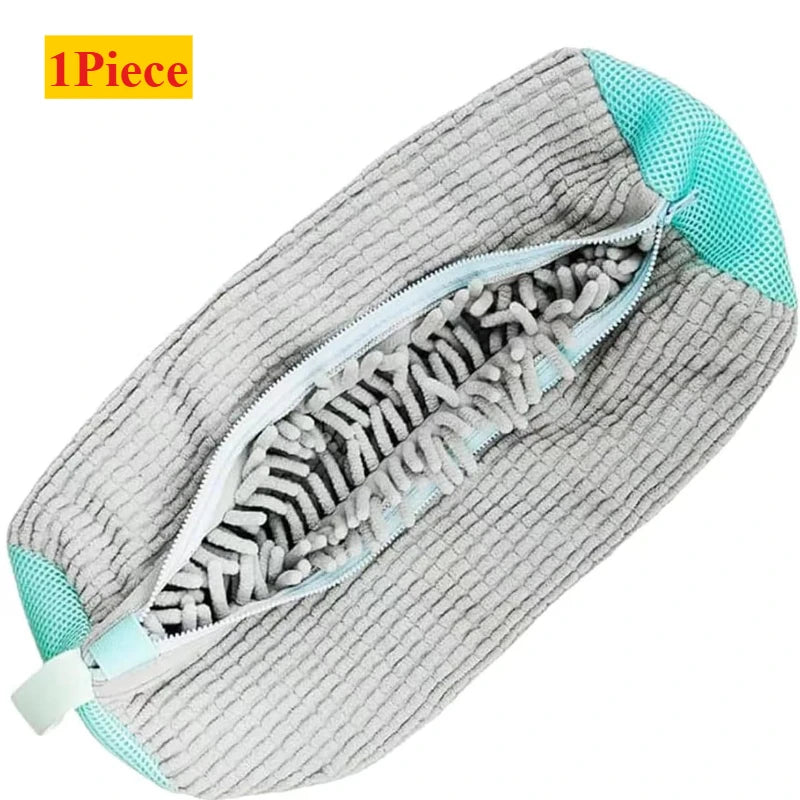 A single gray shoe washing machine bag with a light blue zipper and soft bristled cleaning brush visible.