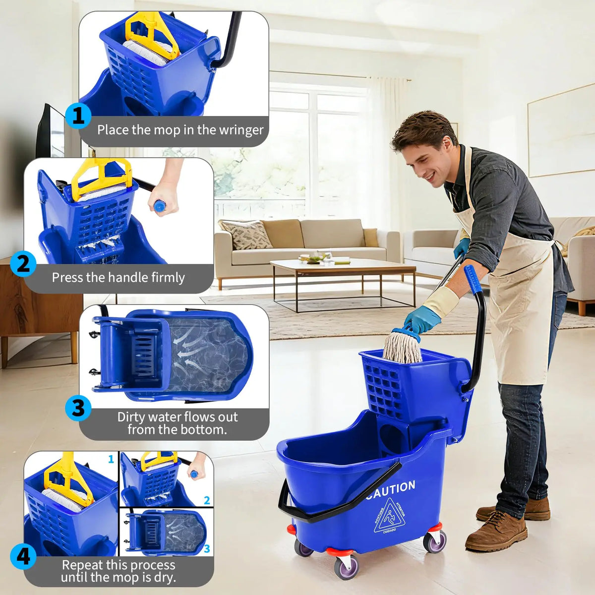 Diagram showing the steps to use a heavy-duty rolling mop bucket with a side-press wringer.