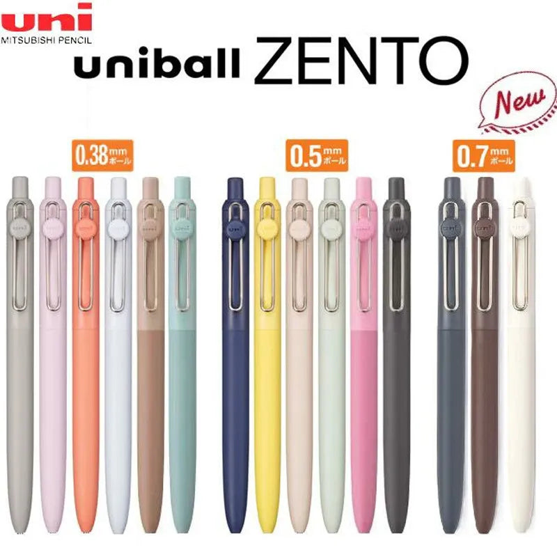 A collection of Uni ZENTO gel pens in various colors and sizes, shown side by side.