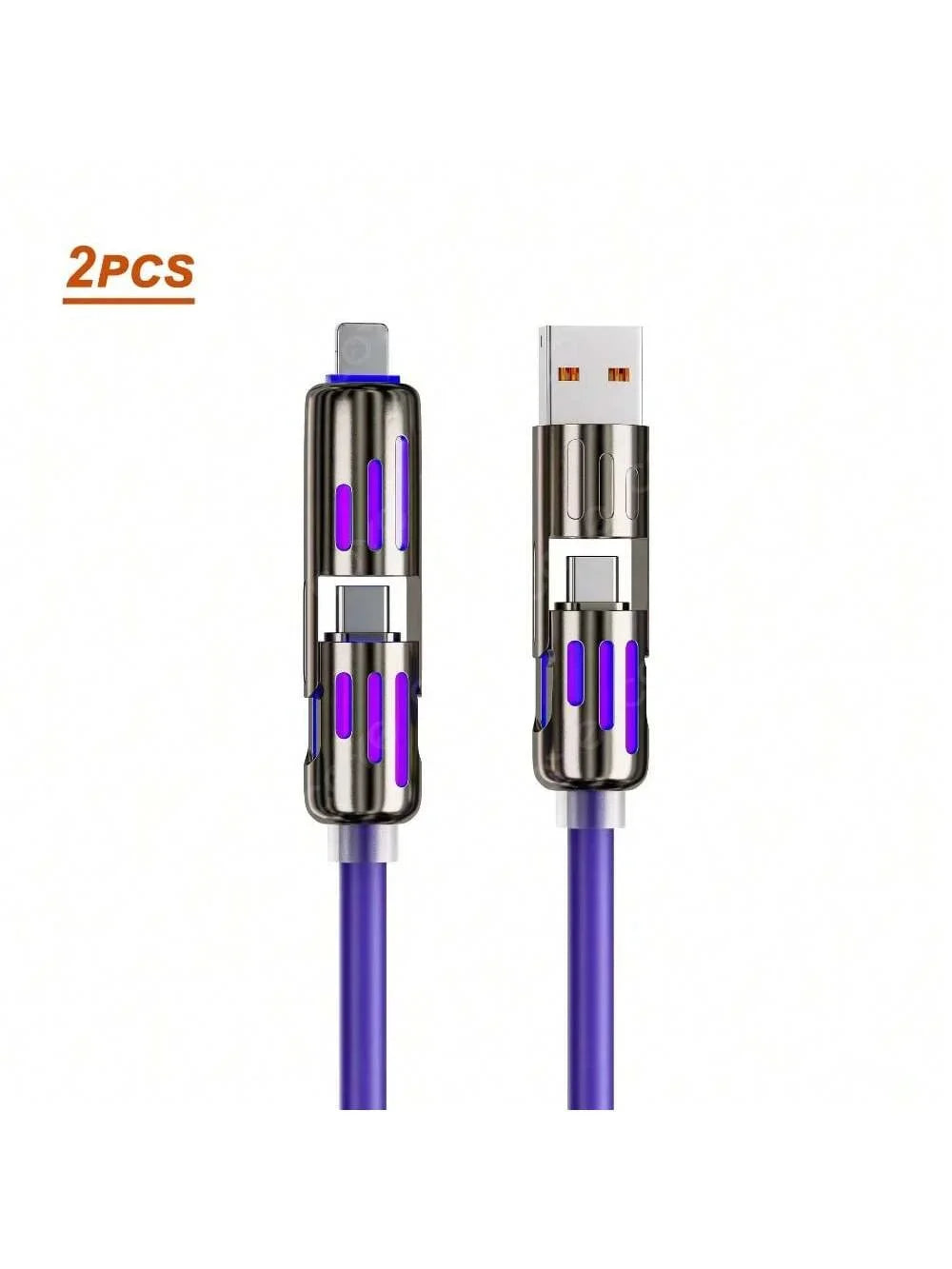 Two multi USB-C cables with purple connectors and silver bodies for fast charging and data sync