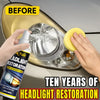 Hands are applying headlight restoration spray to a car's headlight lens for restoration.