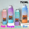 A set of 750ml portable sports water bottles in pink, purple, green, and blue colors displayed on a white surface.