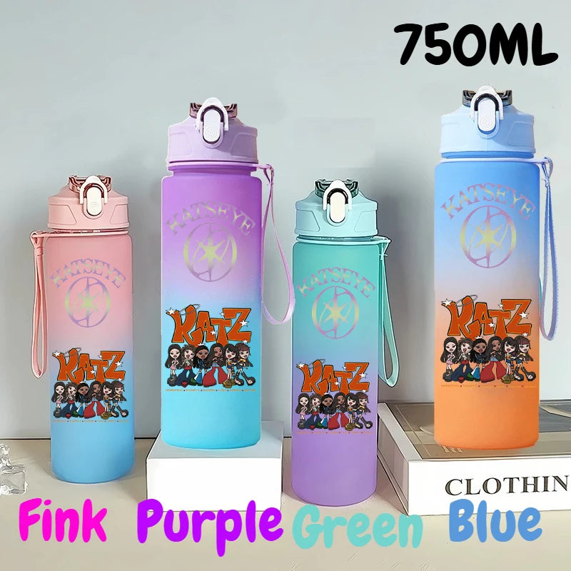 A set of 750ml portable sports water bottles in pink, purple, green, and blue colors displayed on a white surface.