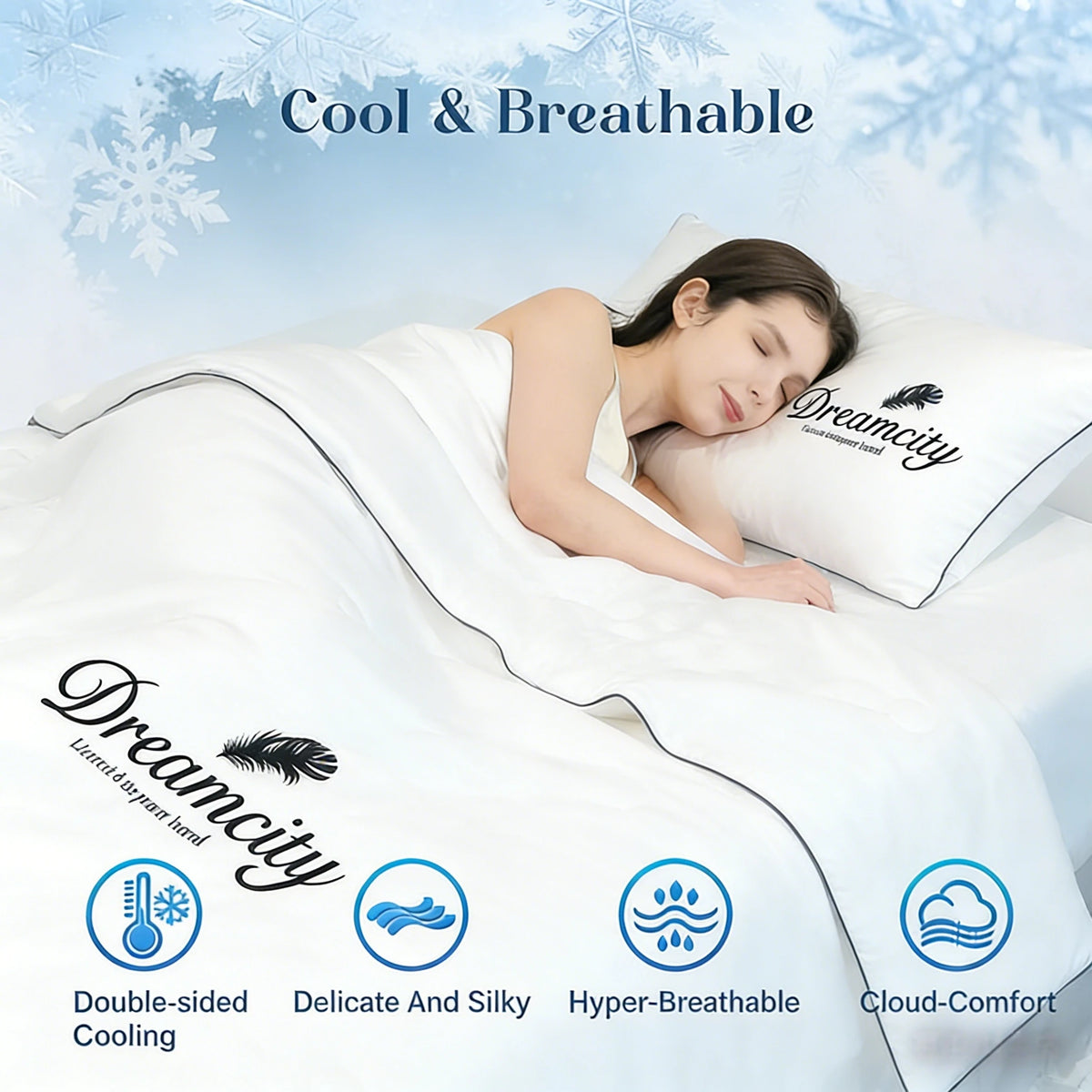 A woman sleeping comfortably under a white blanket, highlighting features like double-sided cooling and cloud comfort.