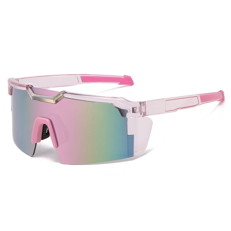 Pink-framed polarized sports sunglasses with a gradient lens for cycling and outdoor activities