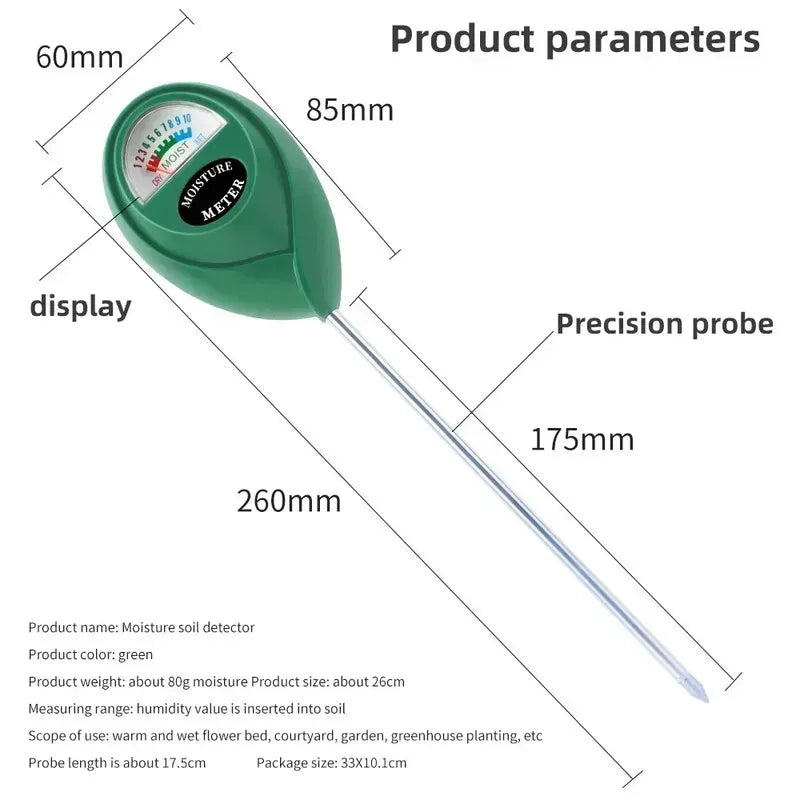 A green soil moisture meter with a precision probe and display, used for measuring plant conditions.