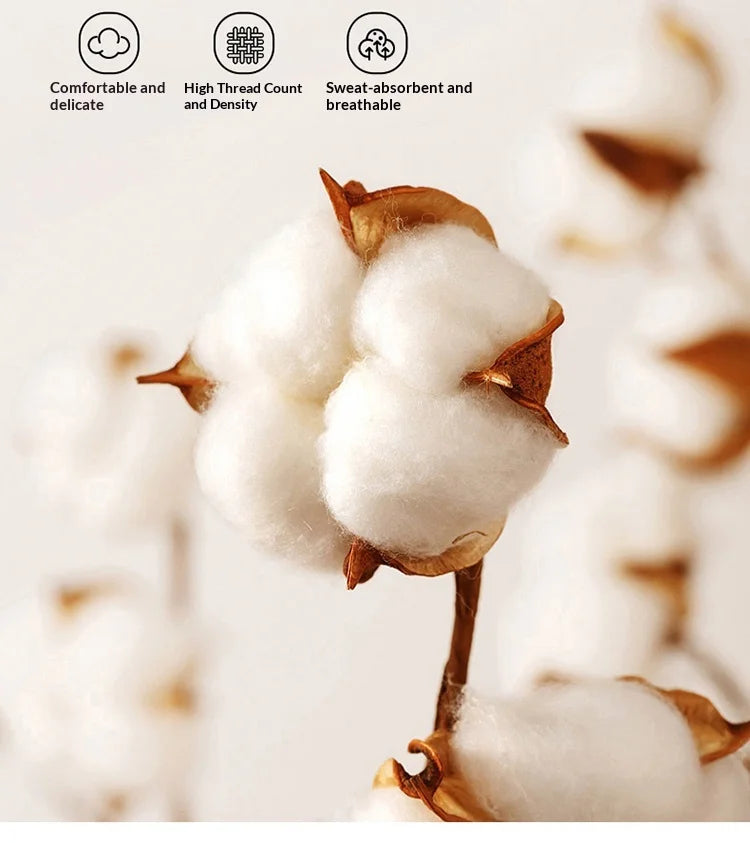 Close-up of fluffy white cotton batting inside a brown quilted duvet cover and pillowcases.