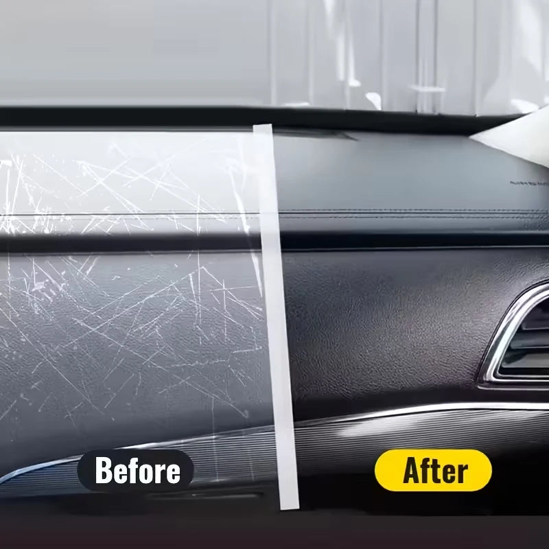 Before and after comparison of a car paint touch-up using a precision pen on a dark surface.