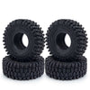 A pair of black rubber mud terrain tires for Axial SCX24 and TRX4M