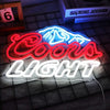 LED neon sign featuring a mountain logo and the words COORS LIGHT glowing brightly on a dark surface.
