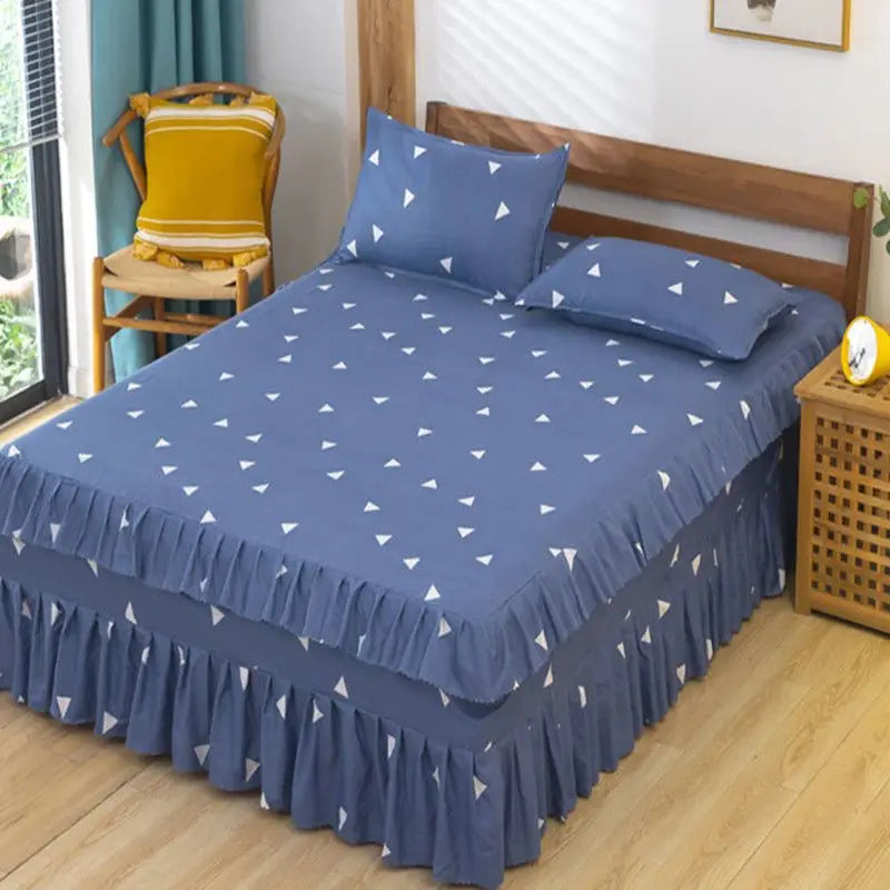 Elegant Elastic Fitted Bed Sheet Set with Lace Skirt and Pillowcases