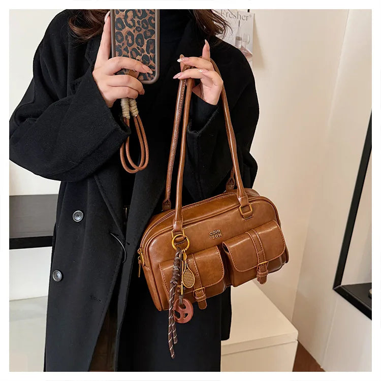 Women's Retro PU Leather Shoulder Bag with Multiple Pockets & Detachable Charm