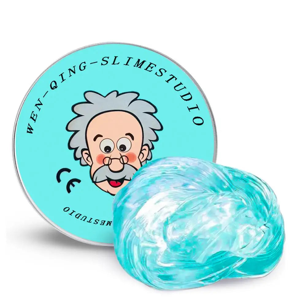 A clear blue crystal putty is shown next to its round storage tin labeled Wen-Qing-Slimestudio.
