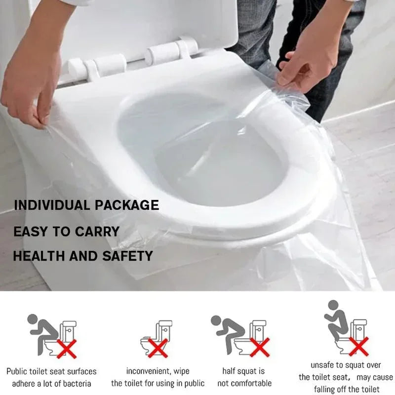 Individual package of a white disposable toilet seat cover, emphasizing easy carry and health safety.