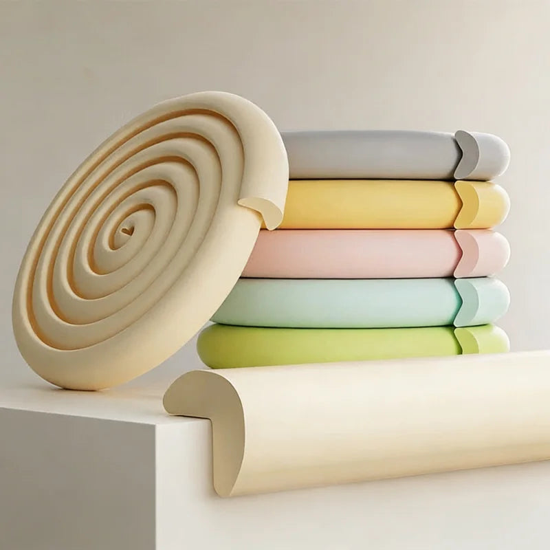 A stack of soft NBR table edge and corner guard bumper strips in various pastel colors, including beige, yellow, pink, mint g