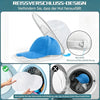A blue baseball cap is shown inside a white mesh laundry bag, demonstrating the reissverschluss design for washing.