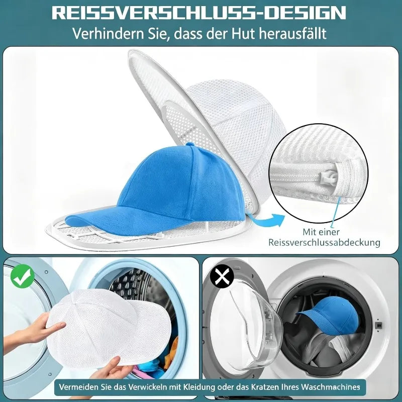 A blue baseball cap is shown inside a white mesh laundry bag, demonstrating the reissverschluss design for washing.