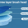 Diagram showing a three-layer brush head structure: cleaning liquid layer, cleaning cloth layer, and sponge layer.