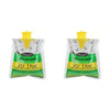 A green disposable bag with a yellow top and black and white patterned material for an outdoor fly trap.