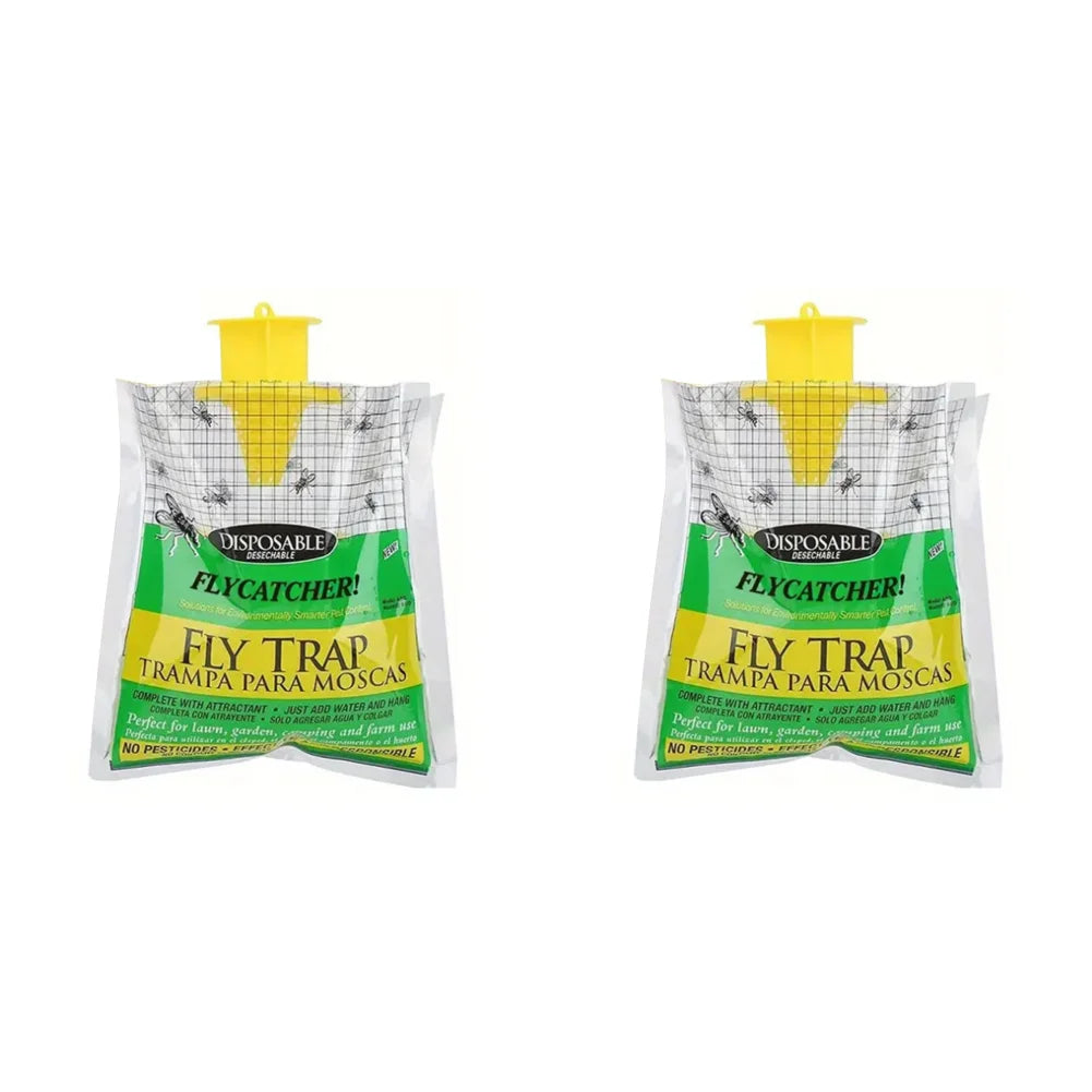 A green disposable bag with a yellow top and black and white patterned material for an outdoor fly trap.