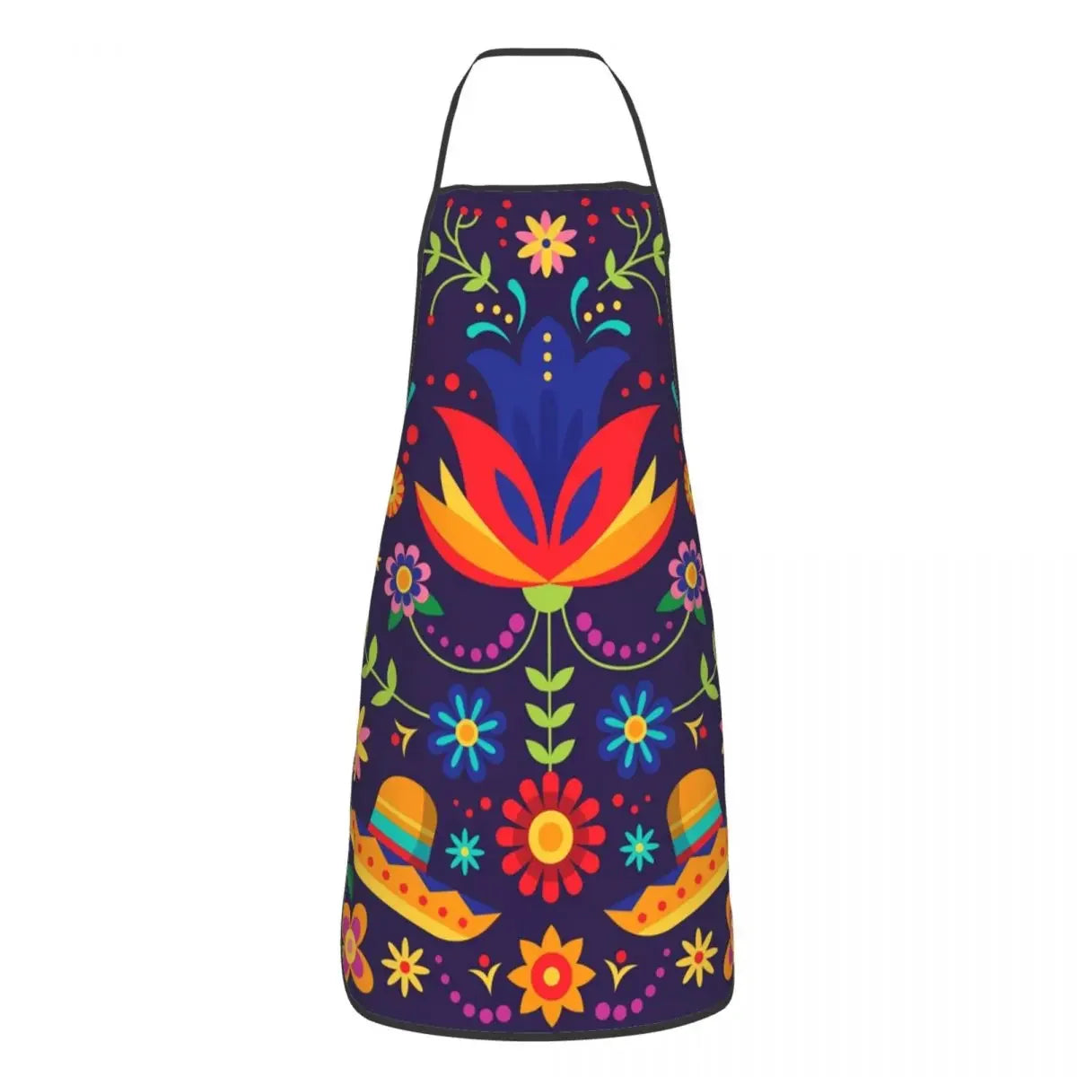 A vibrant Mexican floral art apron featuring colorful patterns and designs for kitchen, cooking, or painting.