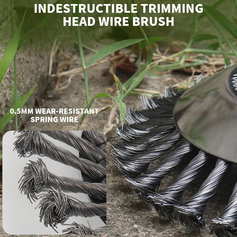 Close-up of a black indestructible trimming head wire brush with 0.5mm wear-resistant spring wire.