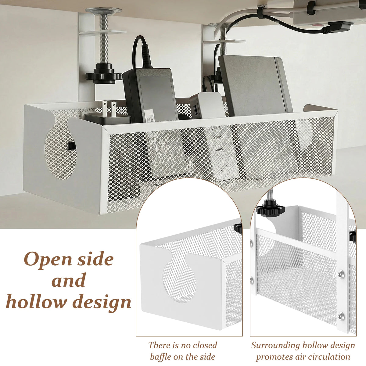 A white under desk cable management tray with a mesh design and clamp-on features for organizing wires.