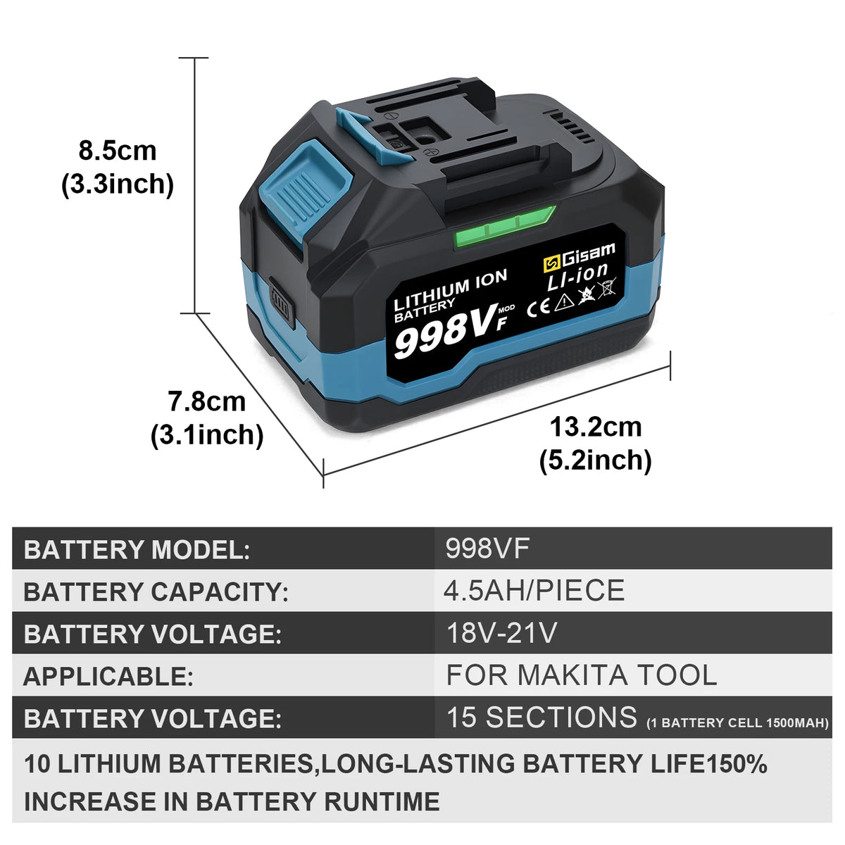 A black and blue rechargeable 998VF lithium-ion battery pack for Makita tools.
