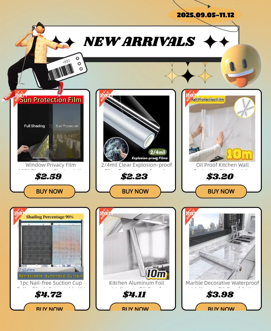 A collection of new arrivals including sun protection film, clear explosion-proof film, shading curtains, aluminum foil, and 