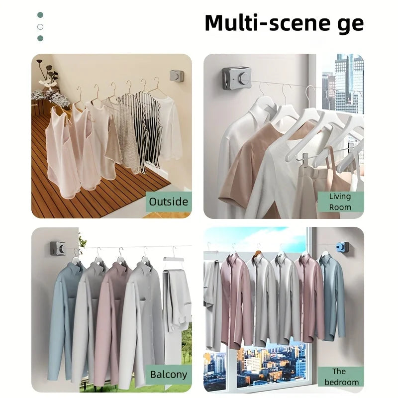 Multi-scene guide showing retractable stainless steel clotheslines used for drying clothes in outdoor, living room, balcony, 