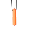 An orange silicone sensory chew necklace pendant with a black cord.