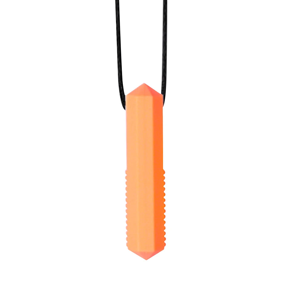 An orange silicone sensory chew necklace pendant with a black cord.