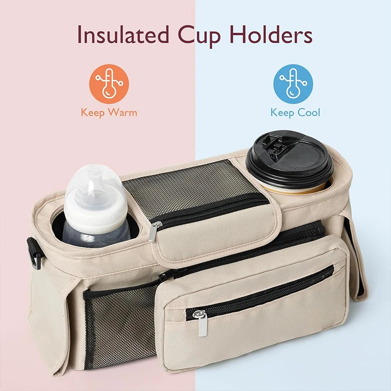A beige stroller organizer bag featuring insulated cup holders designed to keep drinks warm or cool.
