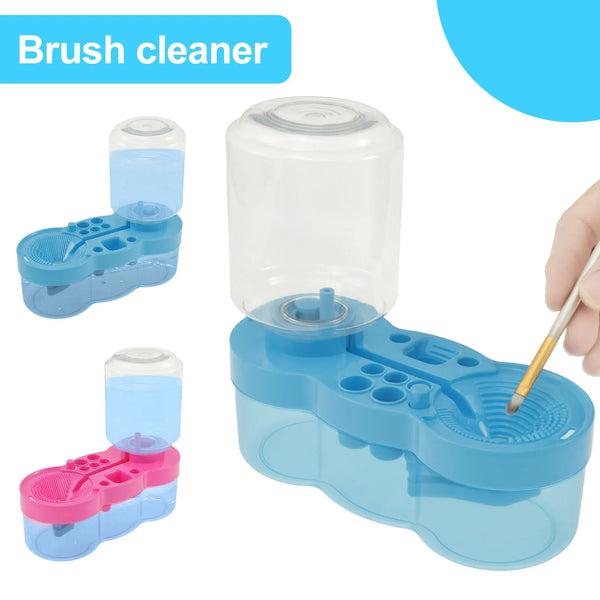 Un ensemble de nettoyants à poils automatiques en plastique bleu et rose pour nettoyer des pinceaux d'art.